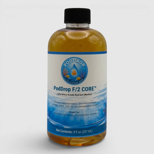 PodDrop F/2 CORE laboratory-grade nutrient medium for phytoplankton cultures in an 8 fl oz bottle.