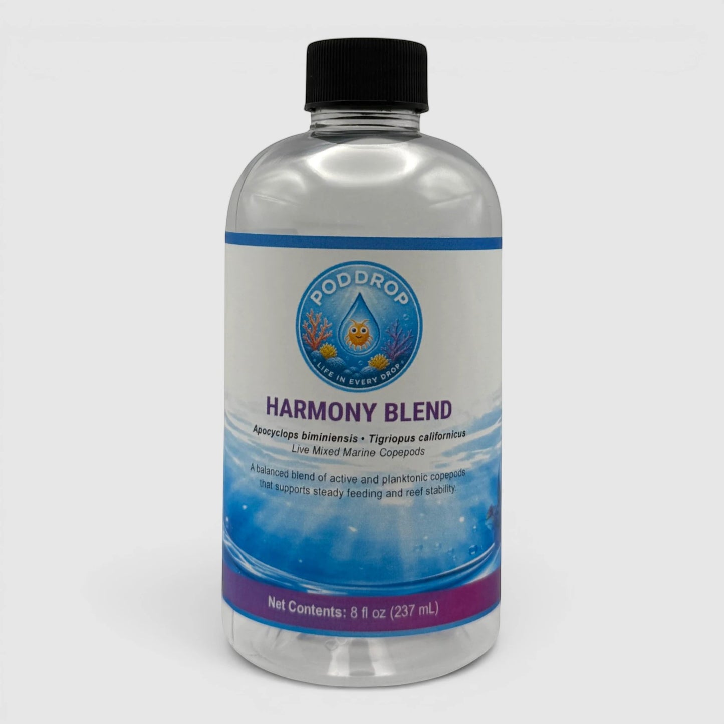 PodDrop Harmony Blend live mixed marine copepods for fish feeding and reef stability. 8 fl oz.