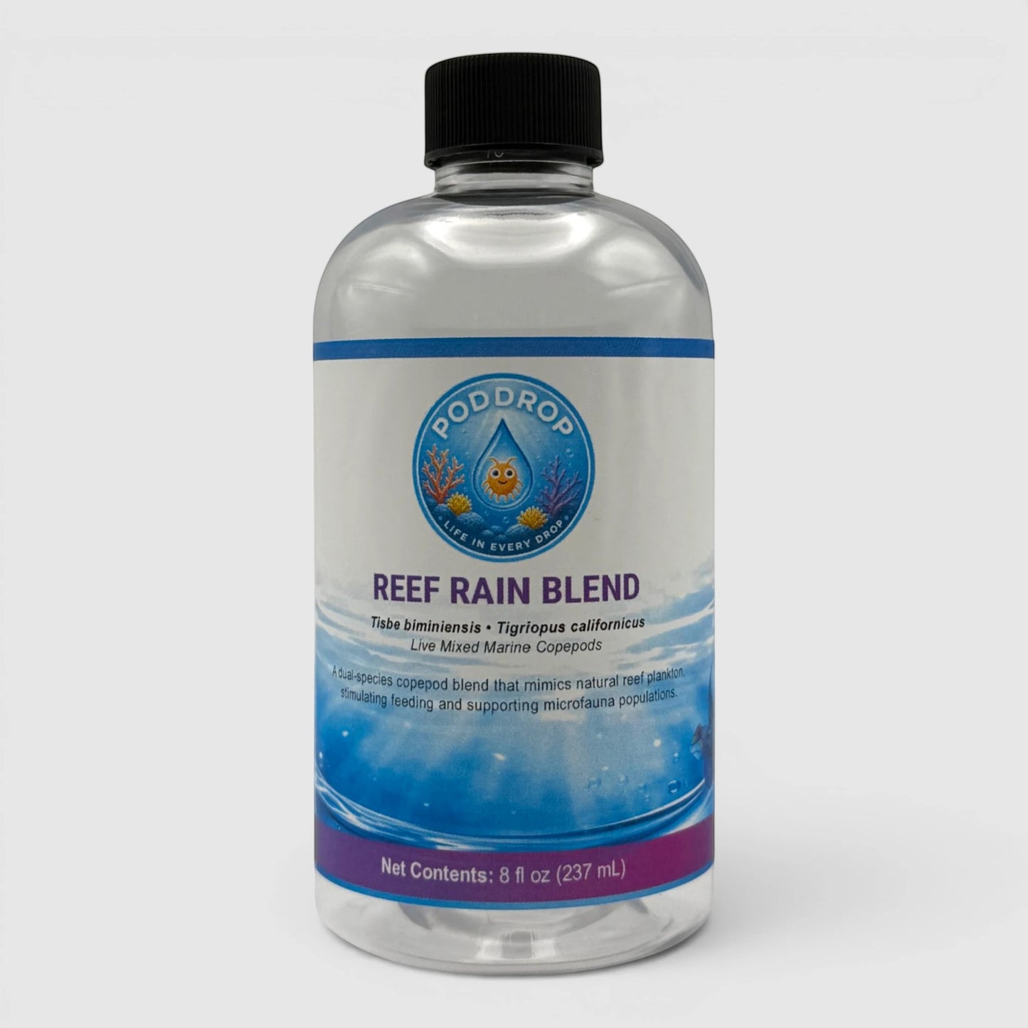 PodDrop Reef Rain Blend live marine copepods for reef aquariums, 8 fl oz bottle.