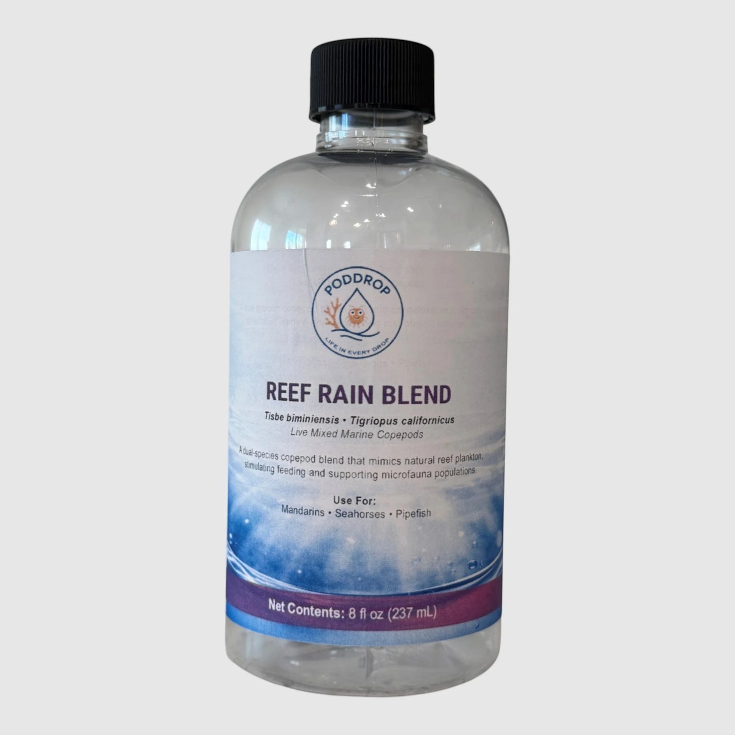 PodDrop Reef Rain Blend live mixed marine copepods, Tisbe biminiensis and Tigriopus californicus for aquariums.