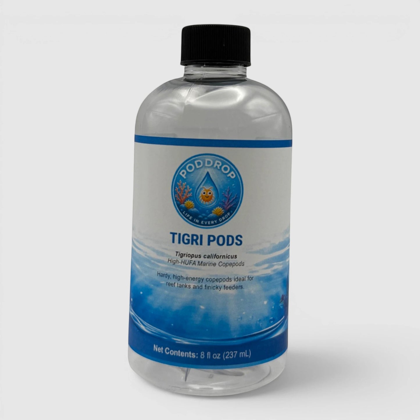 PodDrop Tigri pods, Tigriopus californicus, hardy high-energy marine copepods for reef tanks and finicky feeders.