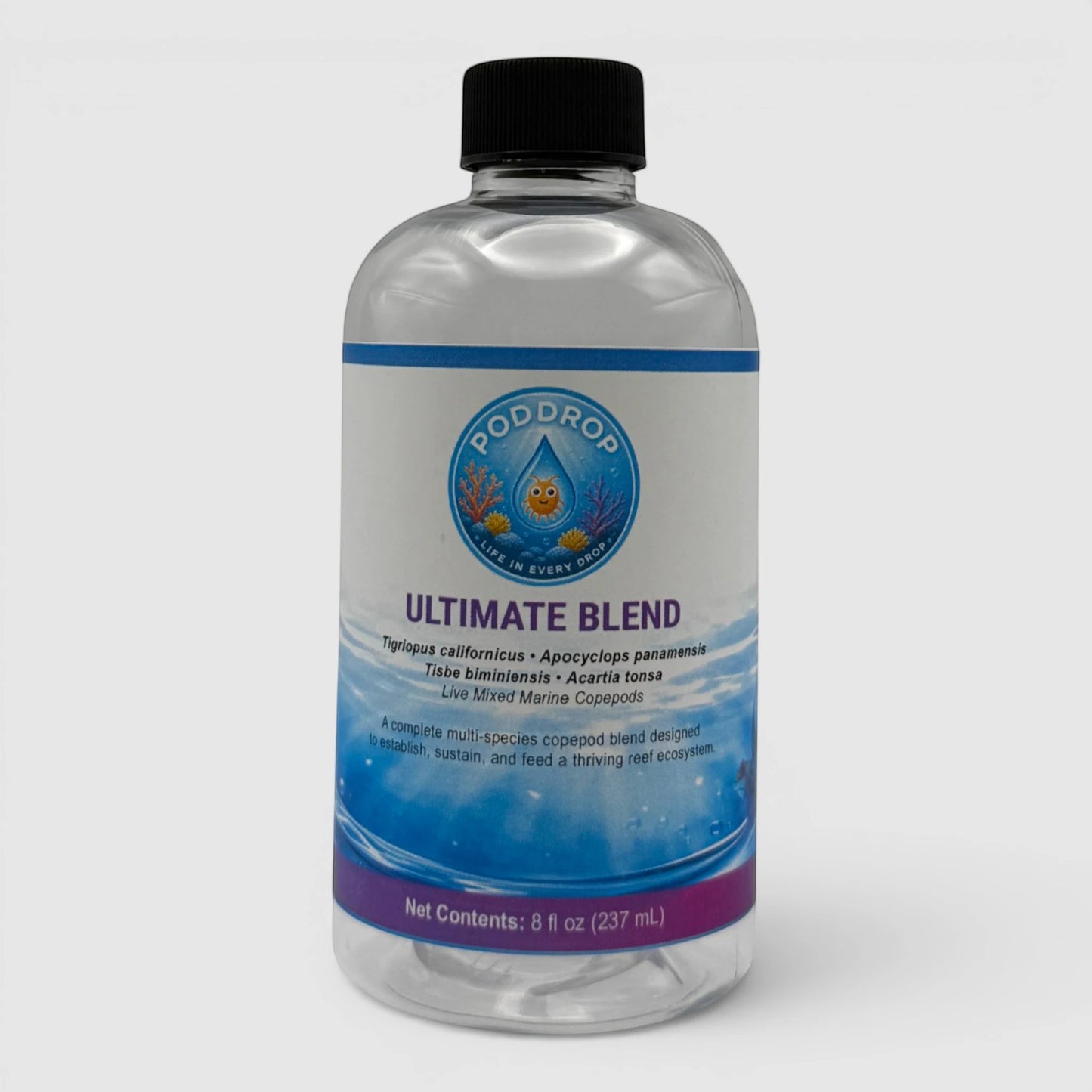PodDrop Ultimate Blend live mixed marine copepods for reef aquariums, 8 fl oz bottle.