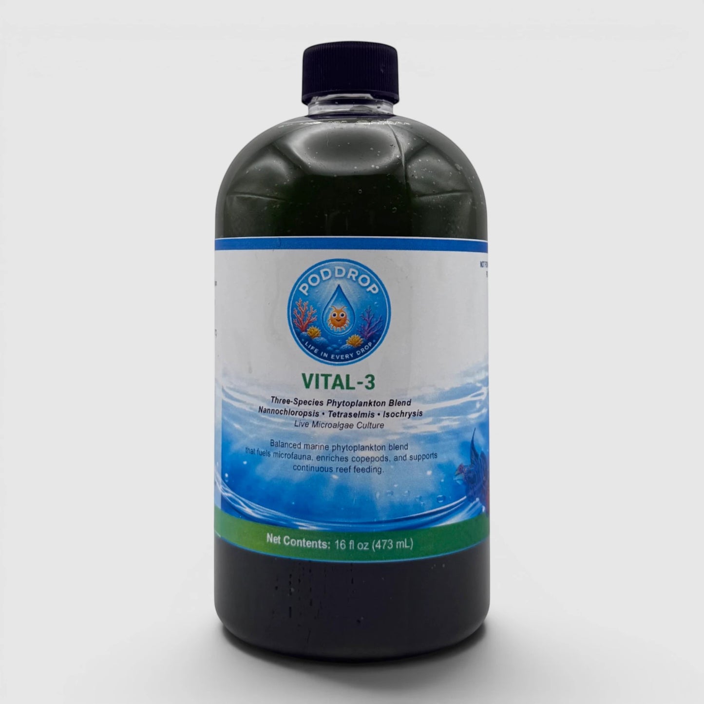 PodDrop VITAL-3 is a 16 oz bottle of live marine phytoplankton blend with Nannochloropsis, Tetraselmis, and Isochrysis for reef feeding.
