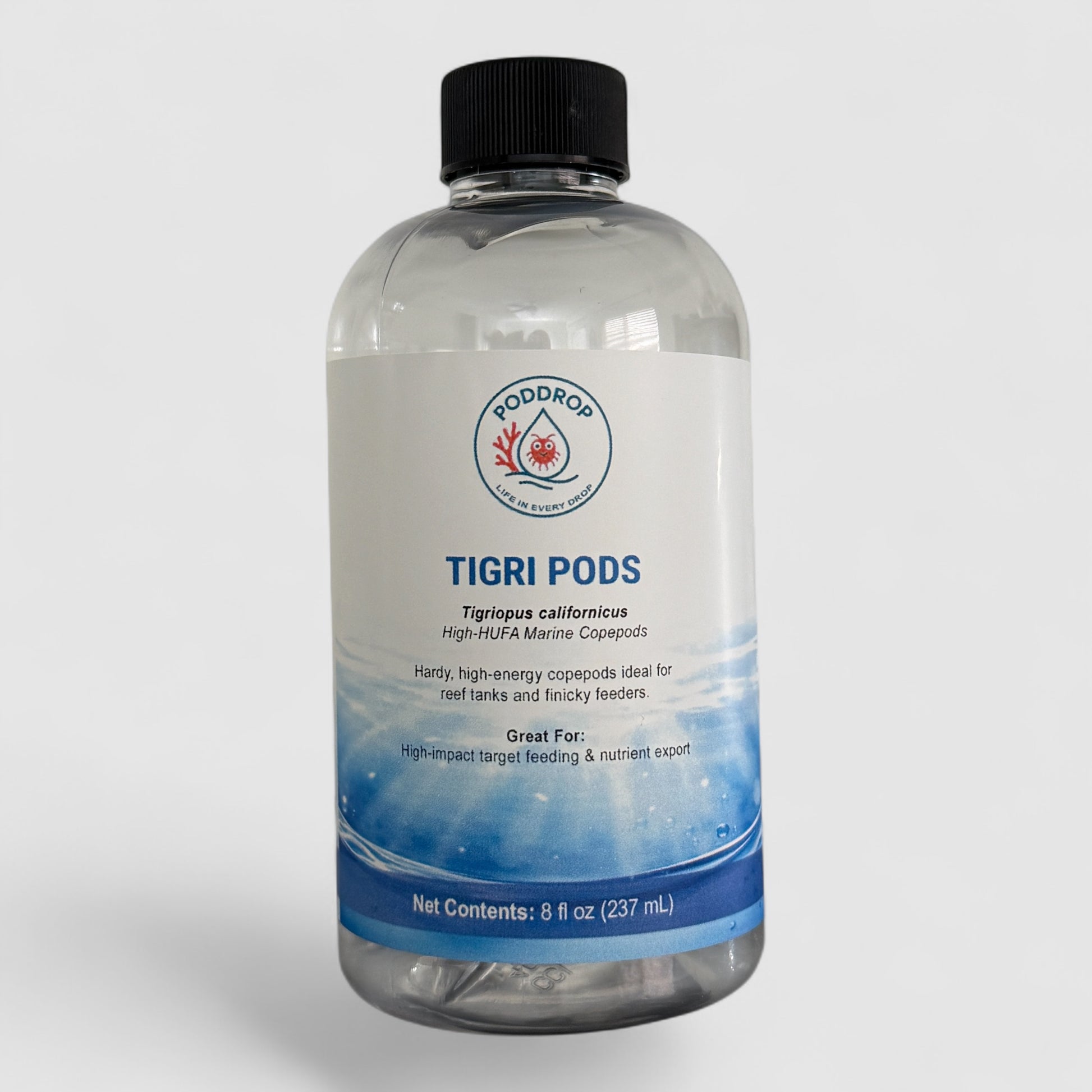 Bottle of Tigri Pods with a clear label on a light gray background