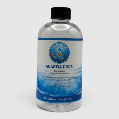 PodDrop Acartia tonsa Pelagic Marine Copepods, 8 fl oz bottle, for broadcast feeding and SPS support.