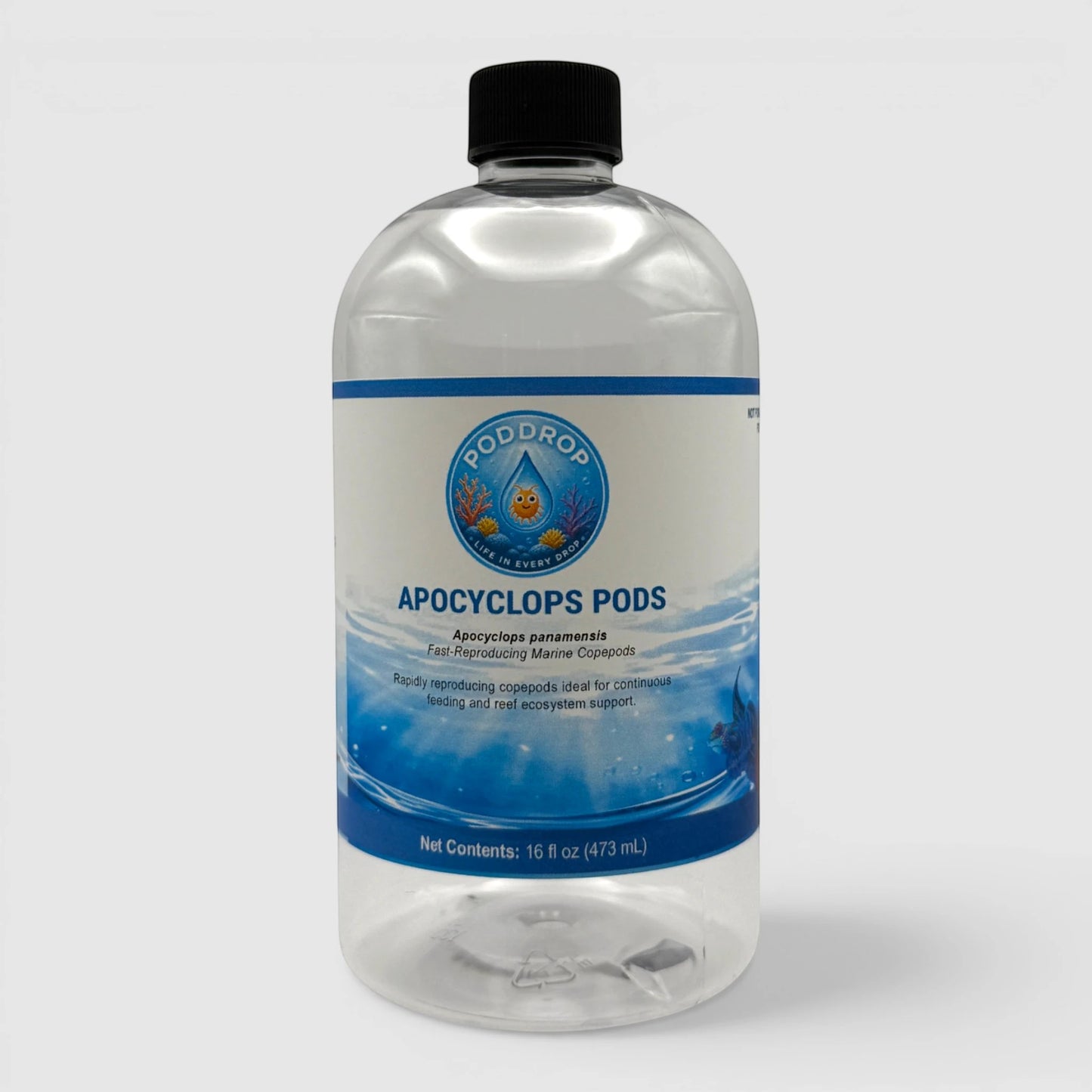 PodDrop Apocyclops panamensis copepods, 16 fl oz bottle. Fast-reproducing marine copepods for feeding corals and fish.