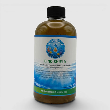 PodDrop Dino Shield live microalgae culture, a multi-species phytoplankton and diatom blend in an 8 oz bottle.