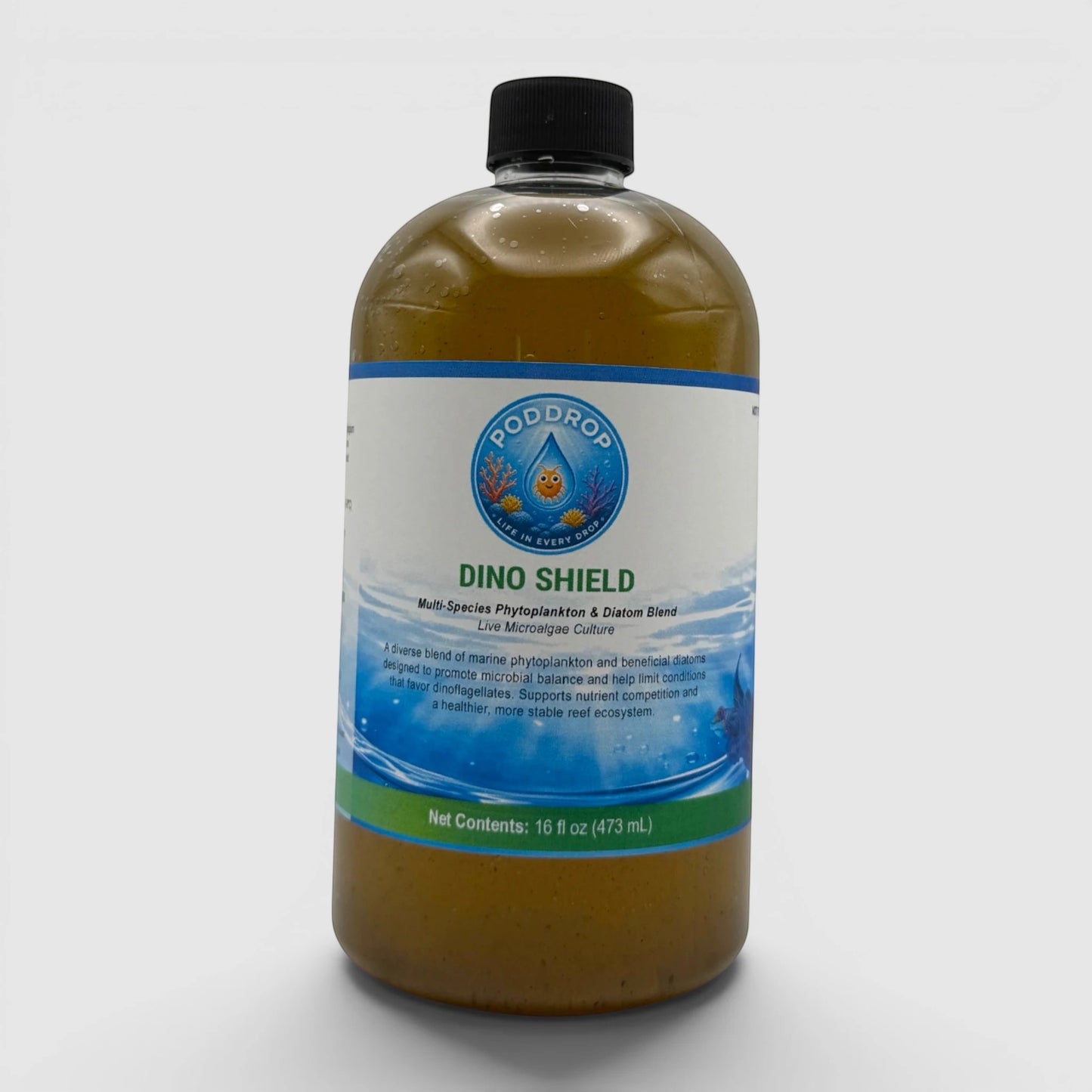 PodDrop Dino Shield multi-species phytoplankton & diatom blend live microalgae culture for reef aquariums.