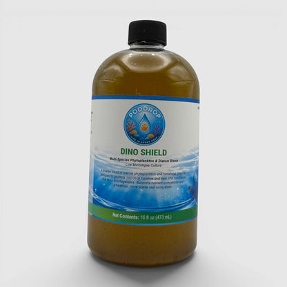 PodDrop Dino Shield multi-species phytoplankton & diatom blend live microalgae culture for reef aquariums.