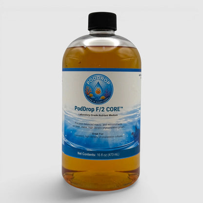 PodDrop F/2 CORE Laboratory-Grade Nutrient Medium for phytoplankton growth. Clear amber liquid in a plastic bottle.