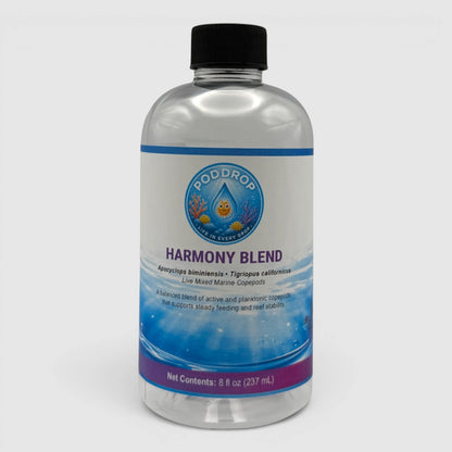 PodDrop Harmony Blend live mixed marine copepods for fish feeding and reef stability, 8 fl oz bottle.