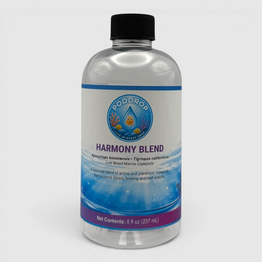 PodDrop Harmony Blend live mixed marine copepods for fish feeding and reef stability, 8 fl oz bottle.