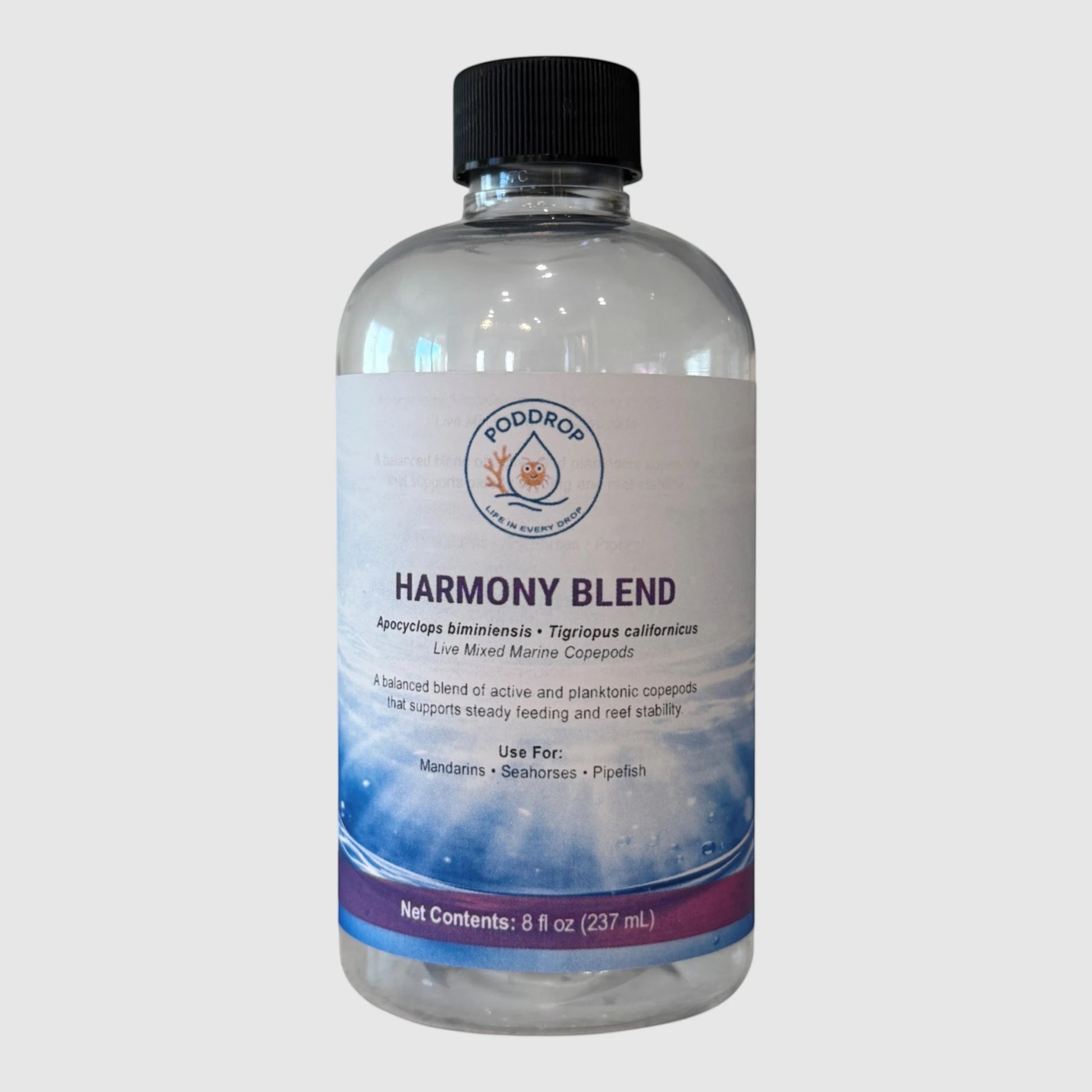 PodDrop Harmony Blend live mixed marine copepods for aquariums, 8 fl oz bottle.