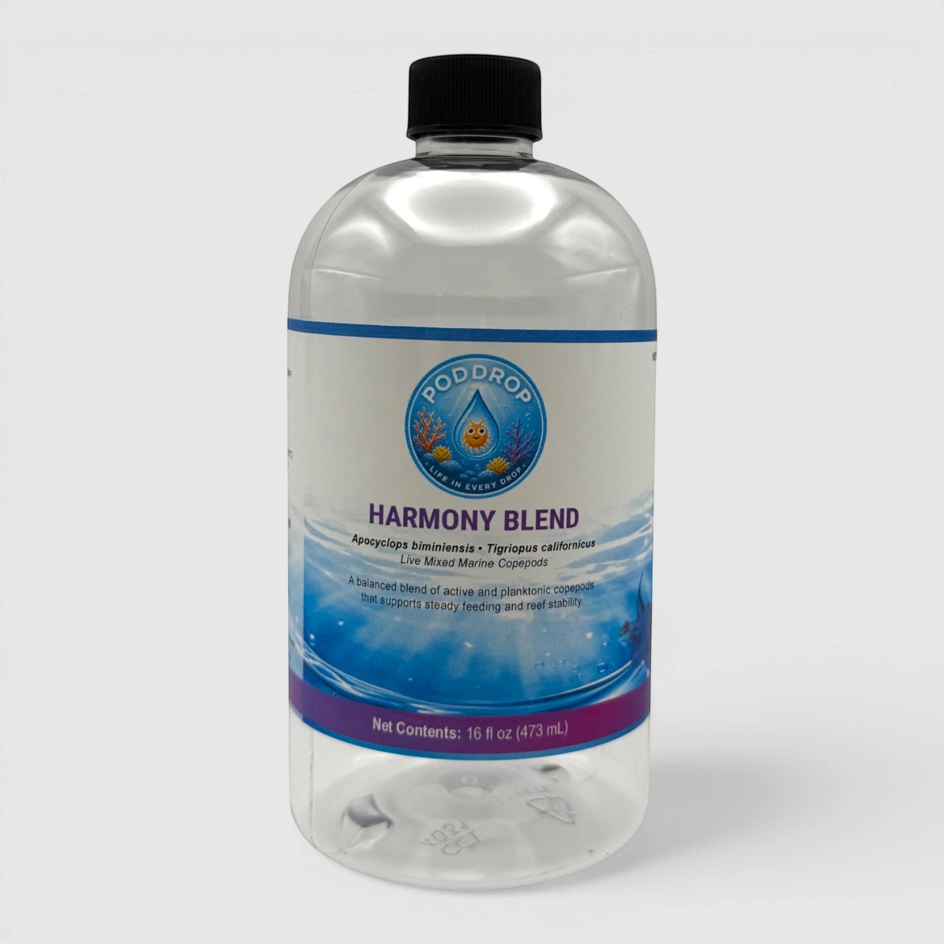 PodDrop Harmony Blend live mixed marine copepods for fish feeding. Includes Apocyclops and Tigriopus species.