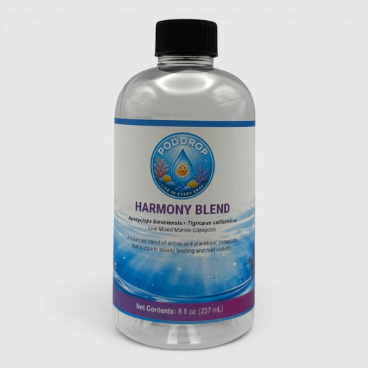 PodDrop Harmony Blend live mixed marine copepods for fish feeding and reef stability. 8 fl oz.