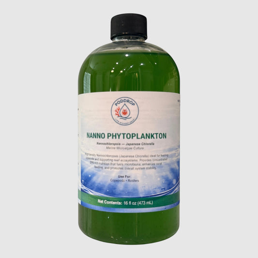 PodDrop Nanno Phytoplankton, Japanese Chlorella marine microalgae culture in a 16 fl oz bottle. Intense green liquid.