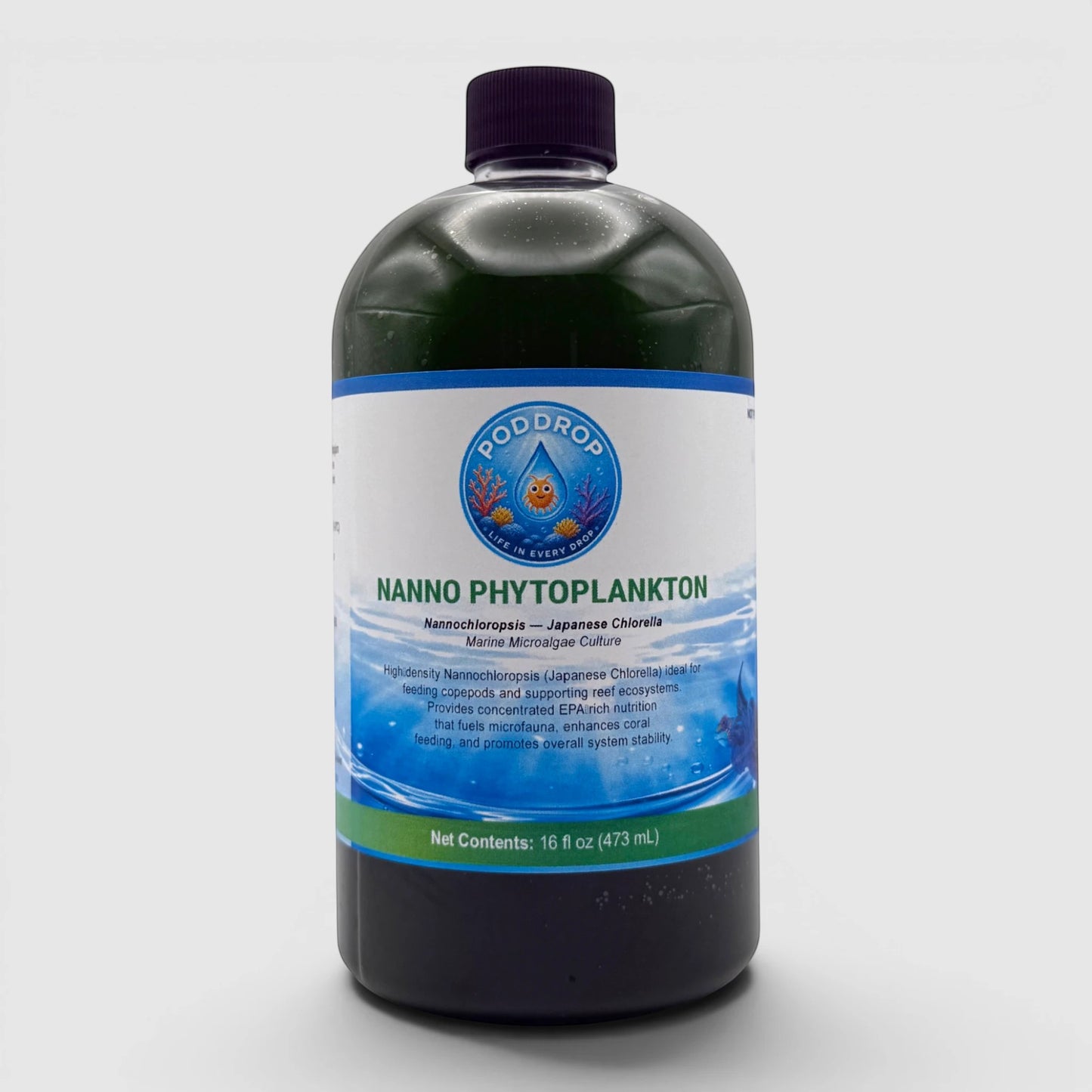 PodDrop Nanno Phytoplankton Japanese Chlorella Marine Microalgae Culture bottle, dark green liquid, 16 fl oz.