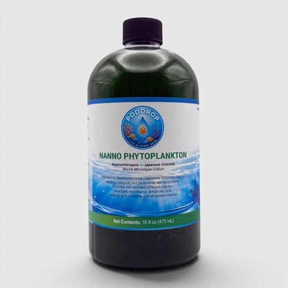 PodDrop Nanno Phytoplankton Japanese Chlorella Marine Microalgae Culture bottle, dark green liquid, 16 fl oz.