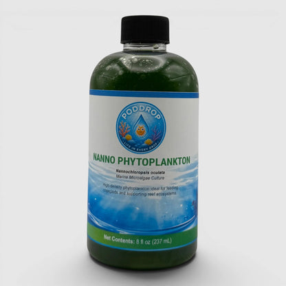 PodDrop Nanno Phytoplankton marine microalgae culture, 8oz bottle. Ideal for feeding copepods and supporting reef ecosystems.