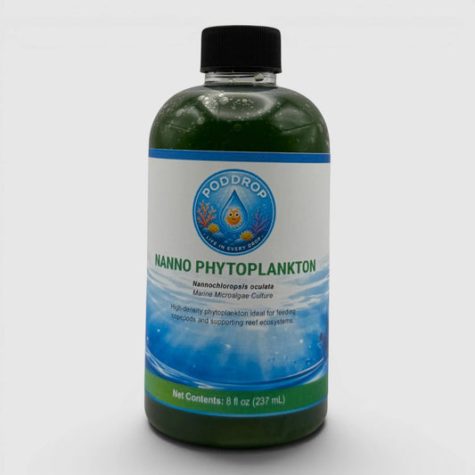 PodDrop Nanno Phytoplankton marine microalgae culture, 8oz bottle. Ideal for feeding copepods and supporting reef ecosystems.