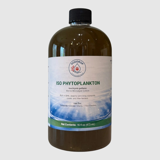 PodDrop Phyto Fusion Pack: 3-bottle phytoplankton bundle for reef tanks. Includes green Nannochloropsis, golden Isochrysis, and red Rhodomonas.