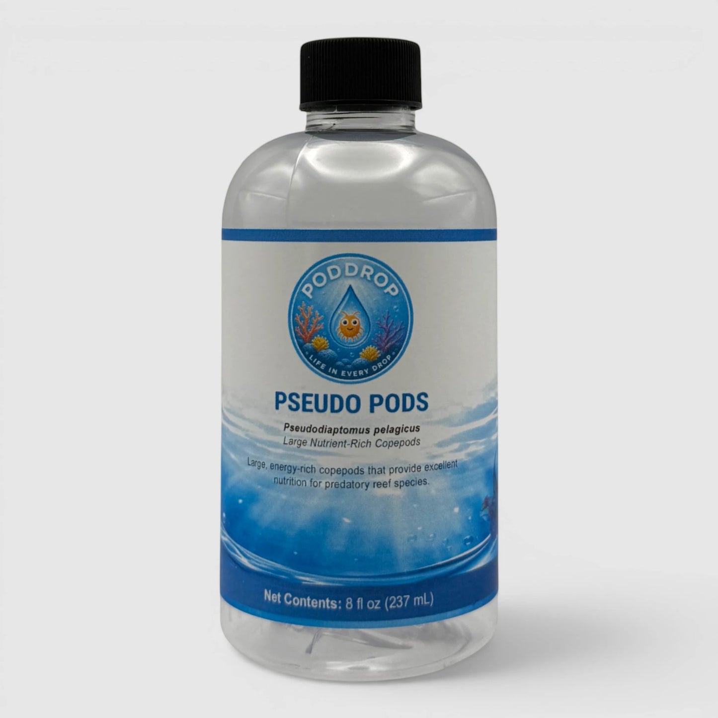 PodDrop Pseudodiaptomus pelagicus Pseudo Pods live copepods for reef aquariums, 8 fl oz bottle.