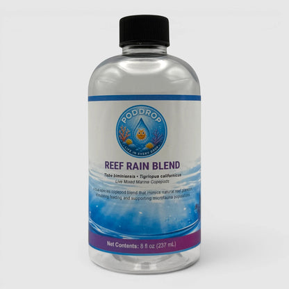 PodDrop Reef Rain Blend live marine copepods for reef aquariums, 8 fl oz bottle.