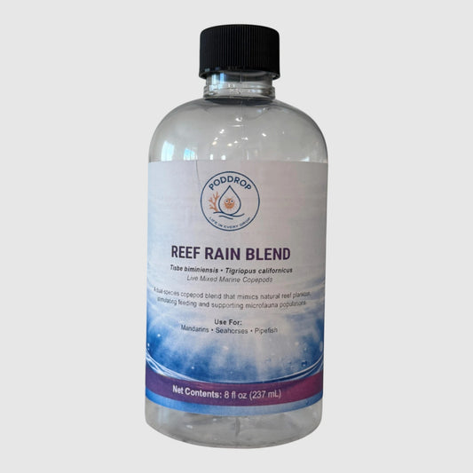 PodDrop Reef Rain Blend live mixed marine copepods, Tisbe biminiensis and Tigriopus californicus for aquariums.