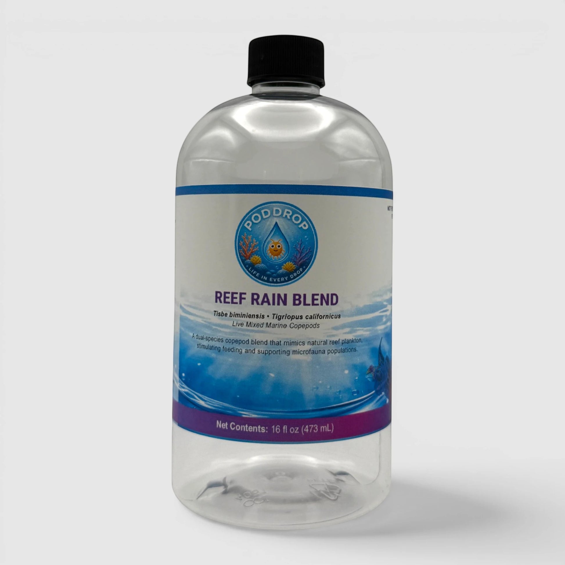 PodDrop Reef Rain Blend live mixed marine copepods, a dual-species blend for reef tanks.