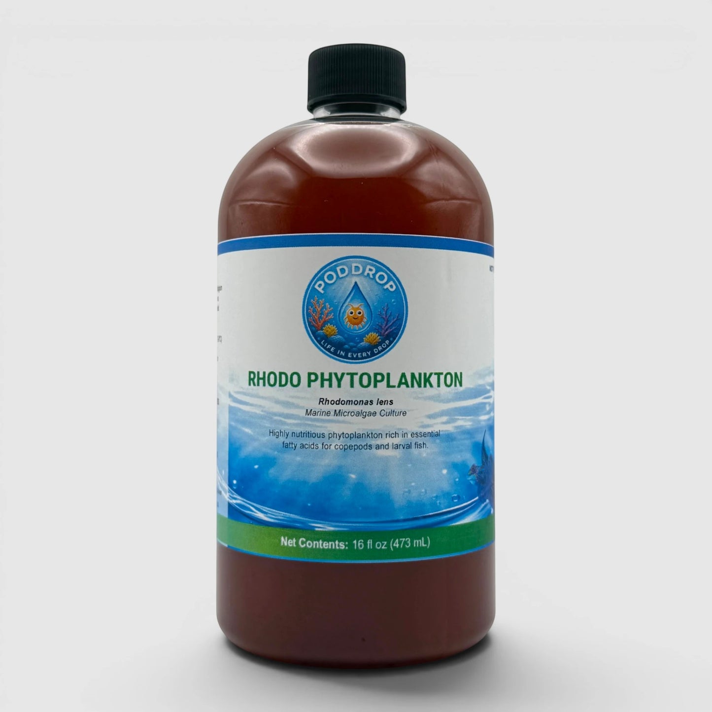 PodDrop Rhodomonas lens phytoplankton culture, a marine microalgae rich in essential fatty acids for copepods and larval fish.