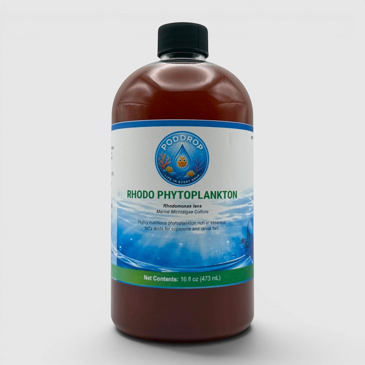 PodDrop Ruby Rise Triple Rhodomonas Phytoplankton Culture Pack - 16oz bottle with red liquid. For coral feeding and reef nutrition.