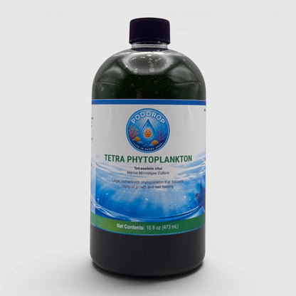 PodDrop Tetra Phytoplankton Marine Microalgae Culture, Tetraselmis chui, 16 fl oz bottle. Nutrient-rich green liquid supports copepod growth and reef feeding.
