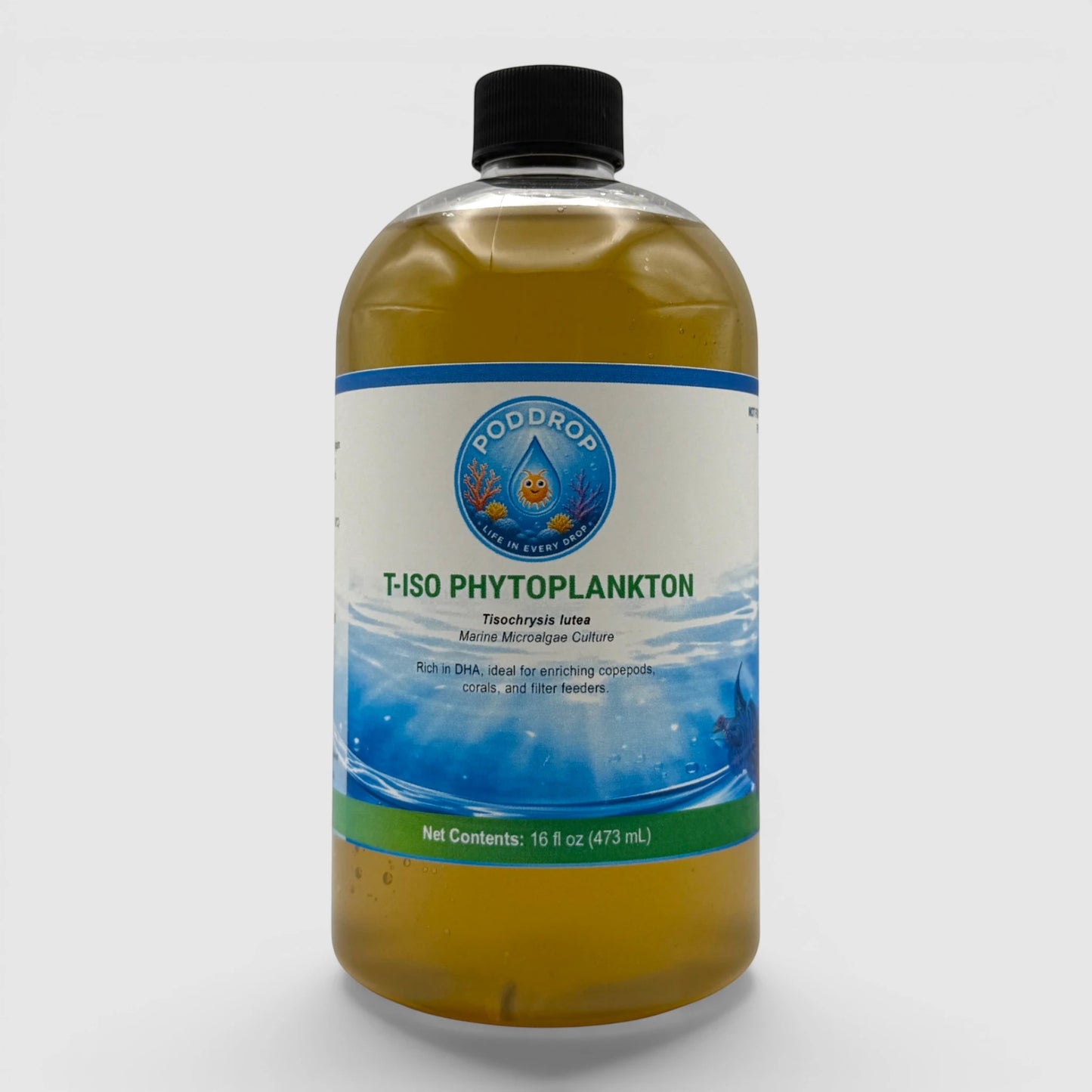 PodDrop T-ISO Phytoplankton culture, Tisochrysis lutea marine microalgae, golden-brown liquid in a clear bottle, 16 fl oz.