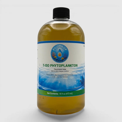 PodDrop T-ISO Phytoplankton culture, Tisochrysis lutea marine microalgae, golden-brown liquid in a clear bottle, 16 fl oz.
