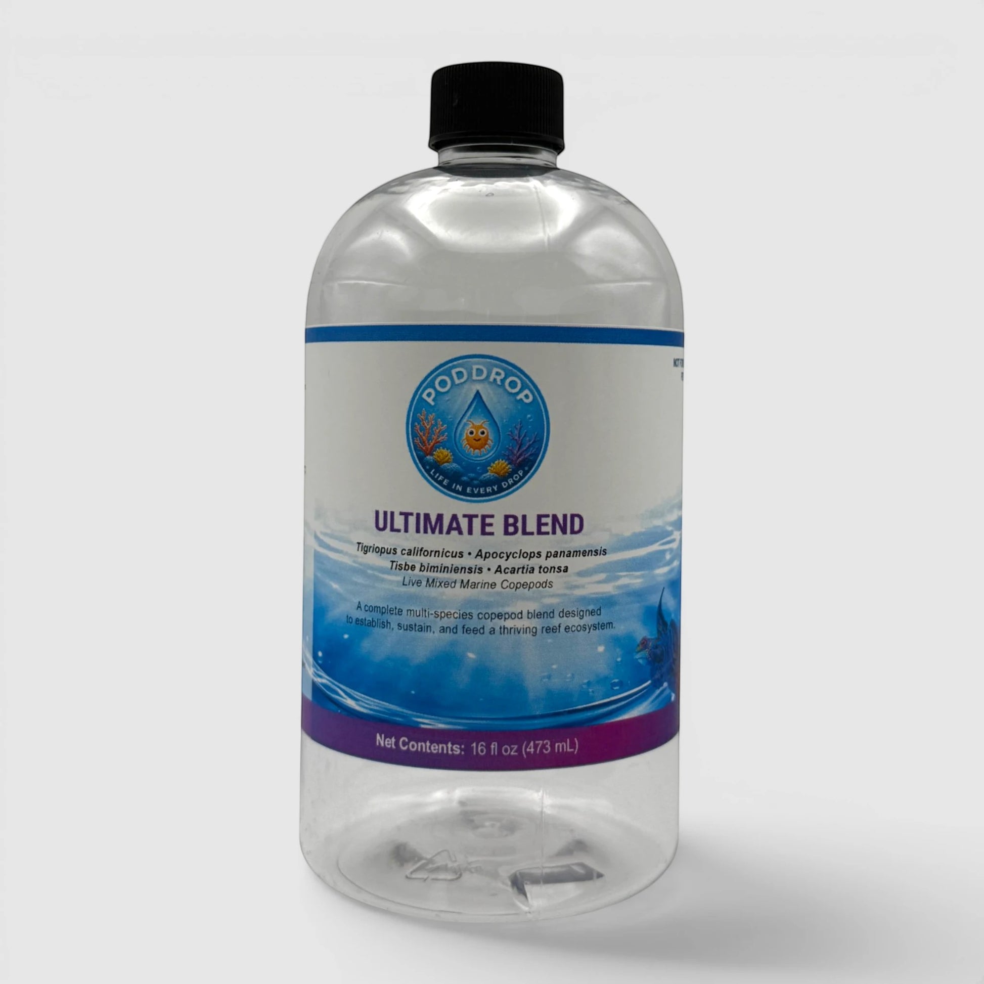 PodDrop Ultimate Blend live mixed marine copepods in a clear bottle with a black cap. Four species for reef aquariums.