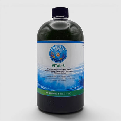 PodDrop VITAL-3 three-species phytoplankton blend for copepods, corals, and filter-feeding invertebrates. Live microalgae culture.