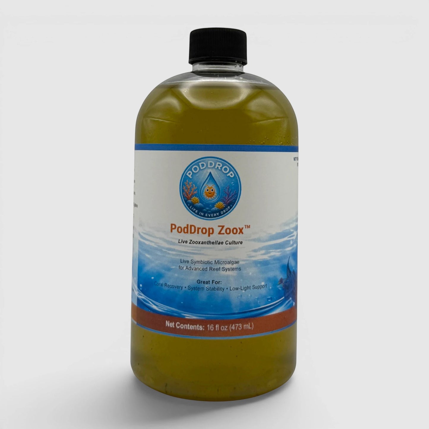 PodDrop ZooX live zooxanthellae culture in a 16 fl oz bottle, supporting coral health and coloration.