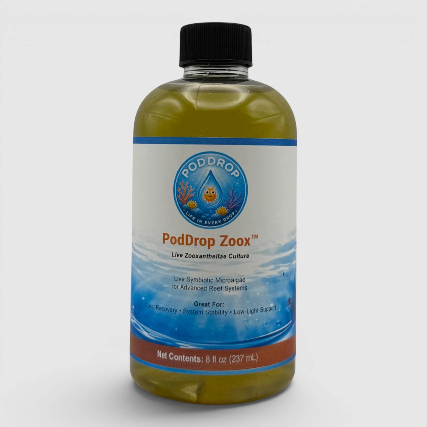 PodDrop ZooX live zooxanthellae culture for advanced reef systems, supporting coral recovery and coloration. 8 fl oz bottle.
