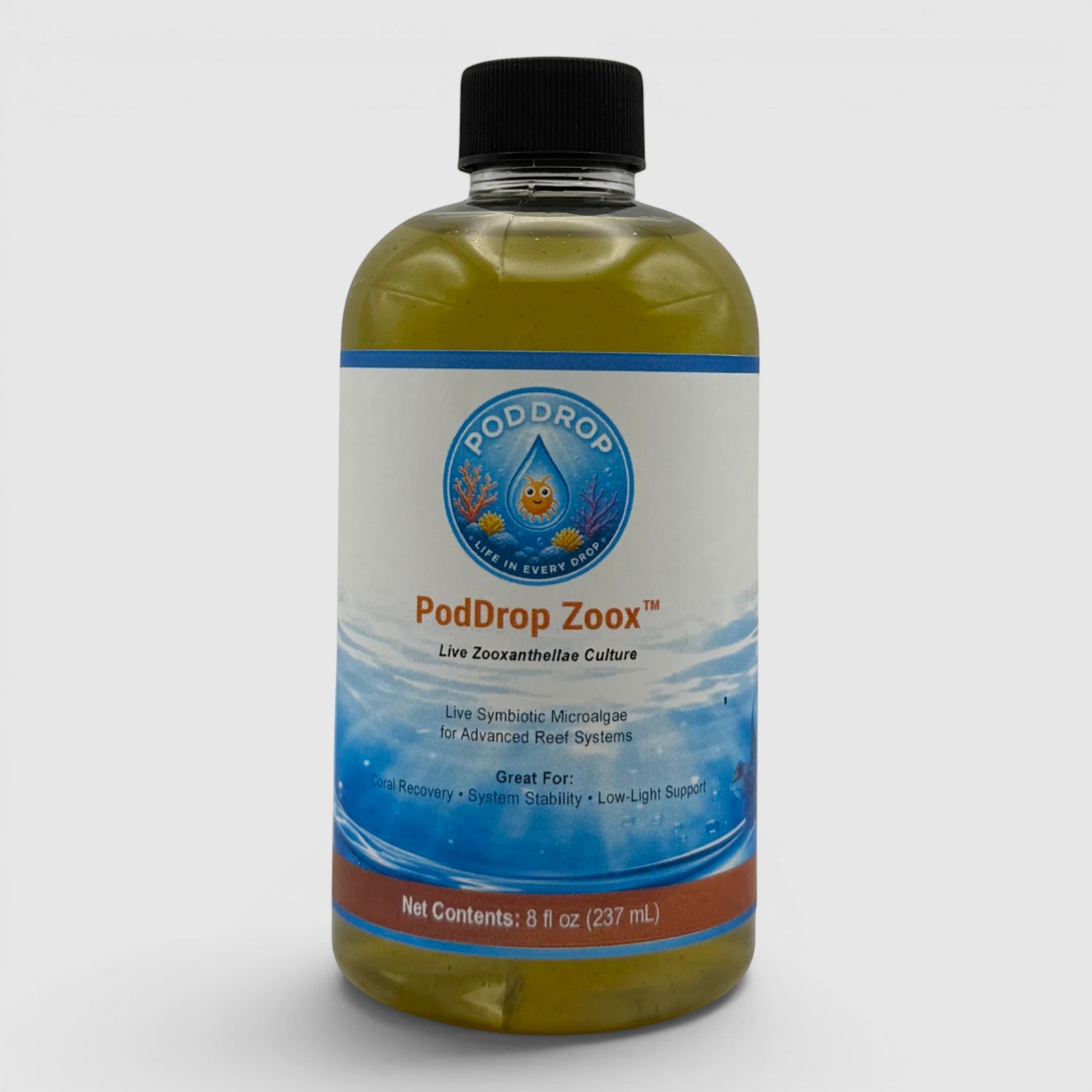 PodDrop ZooX live zooxanthellae culture for advanced reef systems, supporting coral recovery and coloration. 8 fl oz bottle.