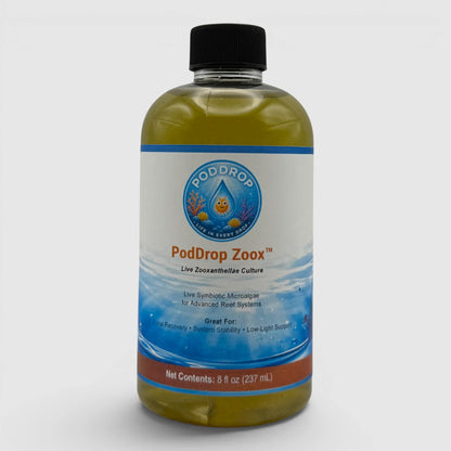 PodDrop ZooX live zooxanthellae culture for advanced reef systems, supporting coral recovery and coloration. 8 fl oz bottle.