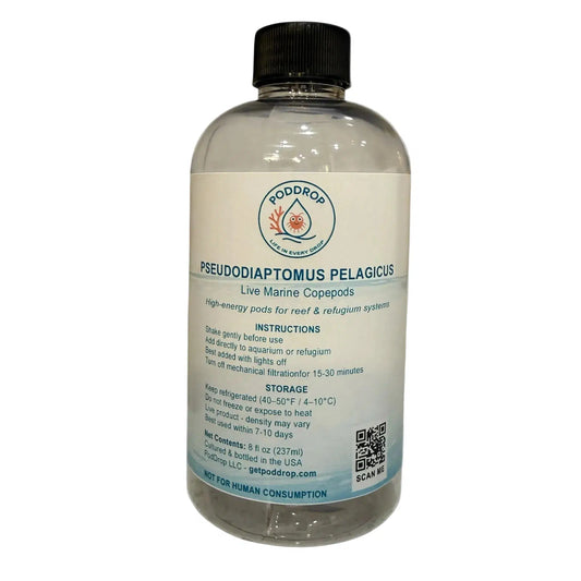 Bottle of Pseudodiaptomus Pelagicus live marine copepods with a label on a white background